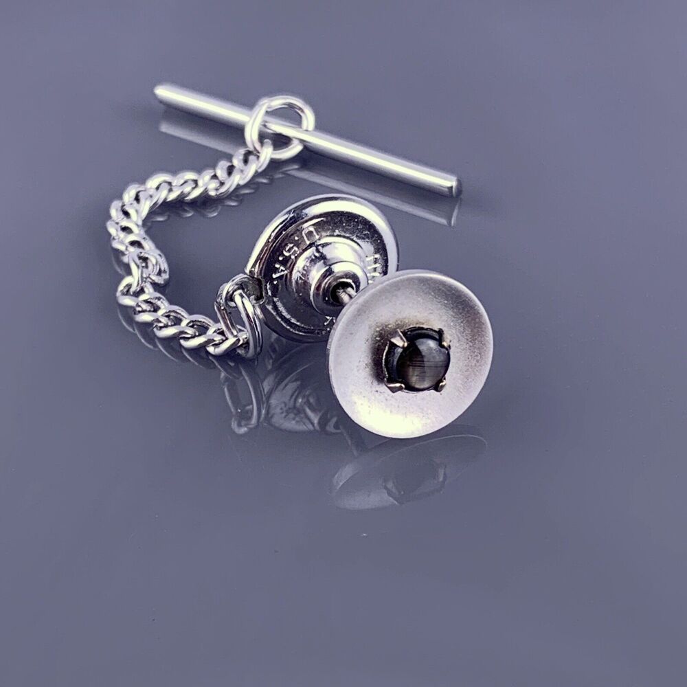 Black Star Sapphire 1/20 12k Gold Filled Tie Tack Pin Silver Round Vintage
